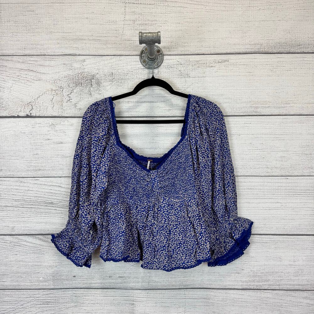 Free People Women's Blue Brittnee Print Smocked Back Peplum Top Size Large